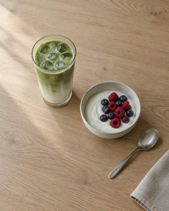Vaso de matcha con hielo junto a un cuenco de yogur con frutos rojos, sobre una mesa de madera clara.