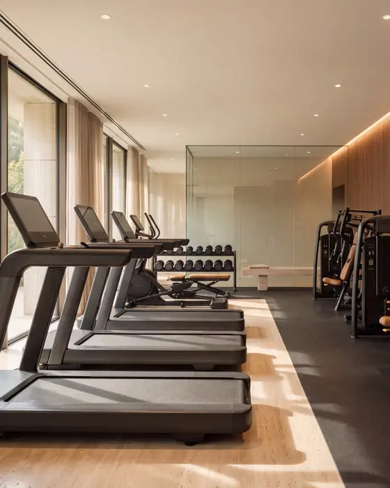 Gimnasio de hotel con cintas de correr frente a un ventanal y pared de madera.