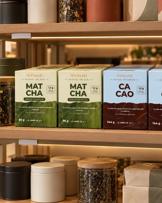 Cajas de Matcha Ritual y de Cacao Ritual colocadas en un lineal de supermercado.