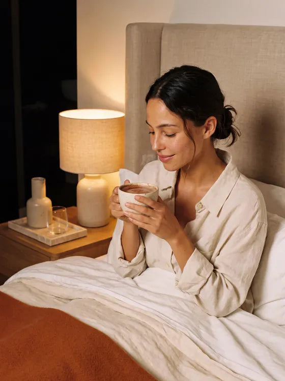 Mujer en la cama con una taza de Cacao Ritual entre las manos, junto a una mesilla con una lámpara encendida.