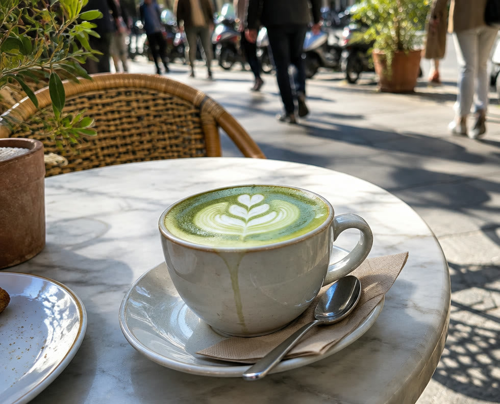 Taza de matcha con leche servida en la mesa de mármol de una terraza.