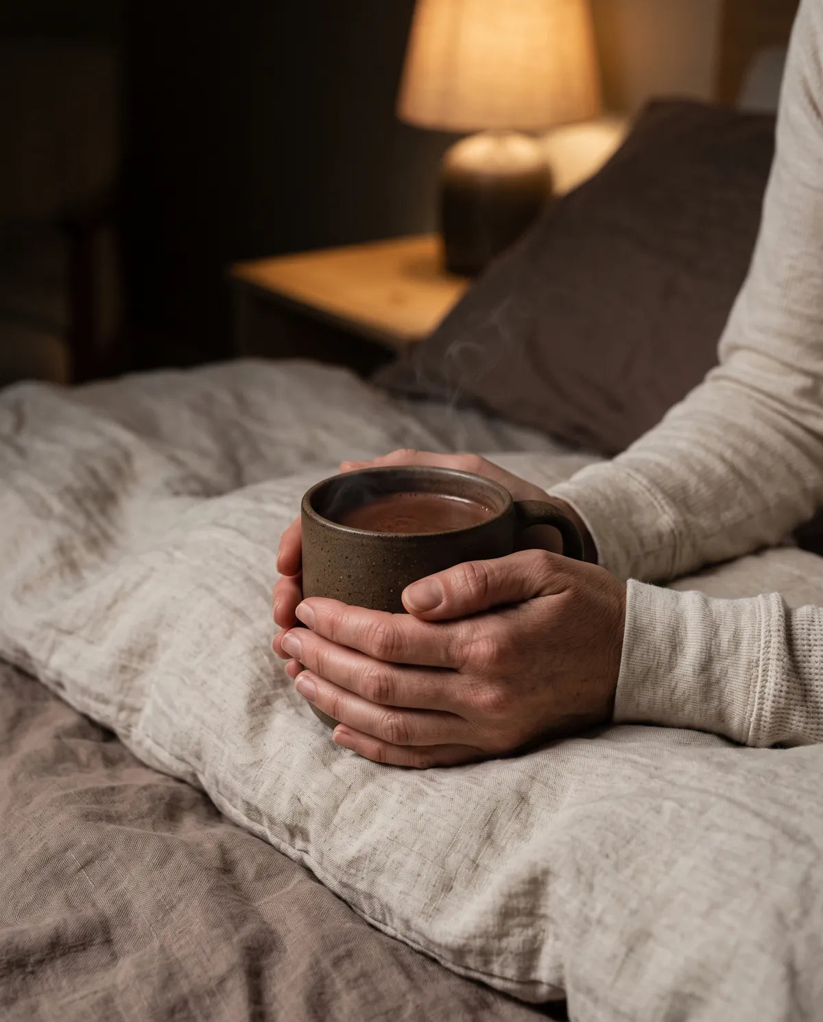 Unas manos sostienen una taza de gres con Cacao Ritual caliente, sobre la cama, con una lámpara encendida al fondo.