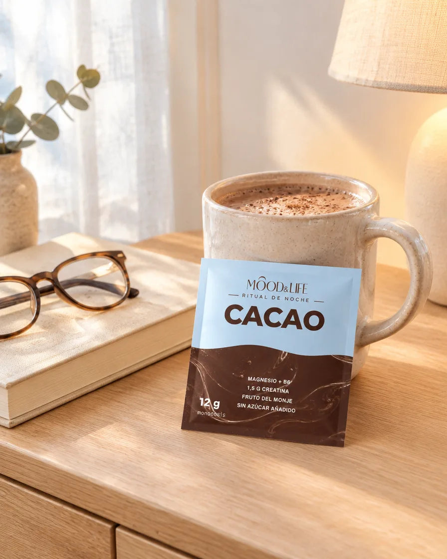 Un sobre de Cacao Ritual apoyado en una taza de cacao, sobre una mesilla de madera junto a una lámpara.