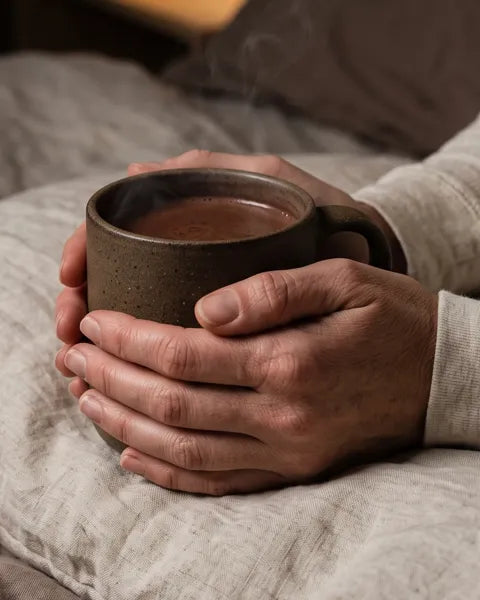 Unas manos sostienen una taza de gres con cacao caliente.