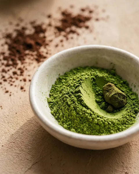 Cuenco de cerámica con matcha en polvo, de color verde intenso.