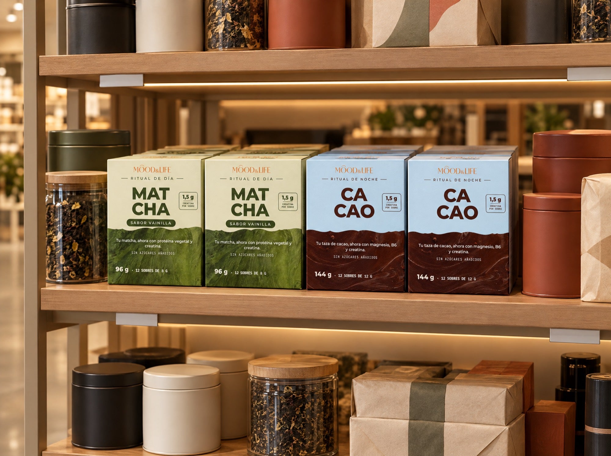 Cajas cubo de Mood & Life en un lineal: un bloque de Matcha Ritual junto a un bloque de Cacao Ritual.