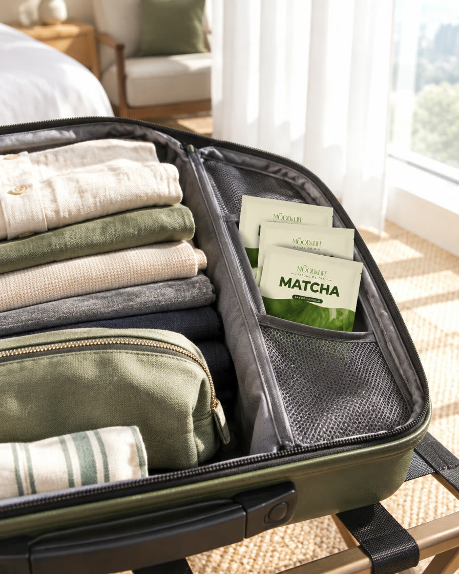 Maleta abierta con ropa doblada y tres sobres de Matcha Ritual en el bolsillo de malla.