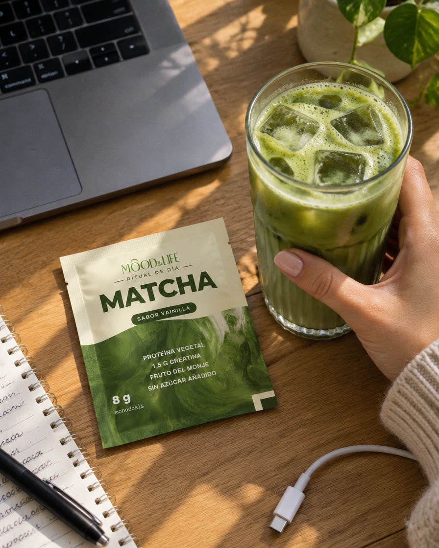 Sobre de Matcha Ritual sobre una mesa de trabajo, junto a un vaso de matcha con hielo y un portátil.