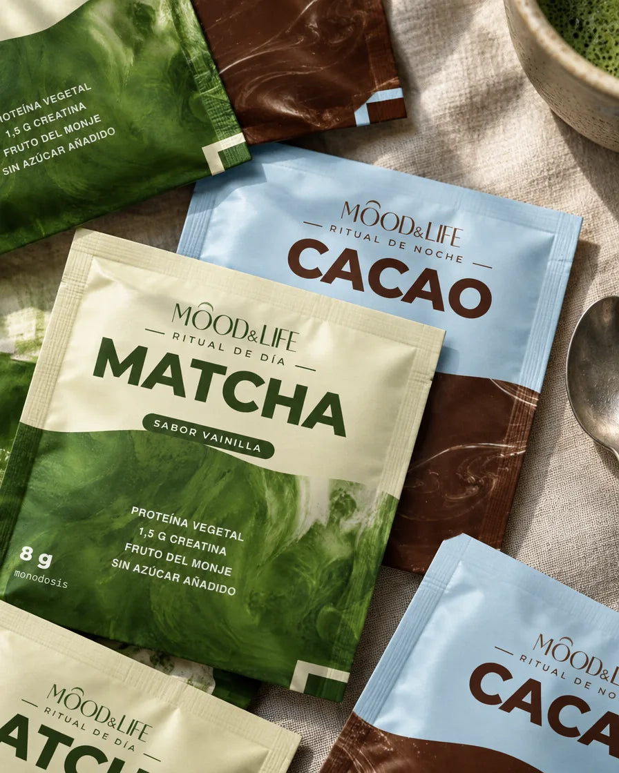 Sobres de Matcha Ritual y de Cacao Ritual sobre un mantel de lino, junto a una cuchara.