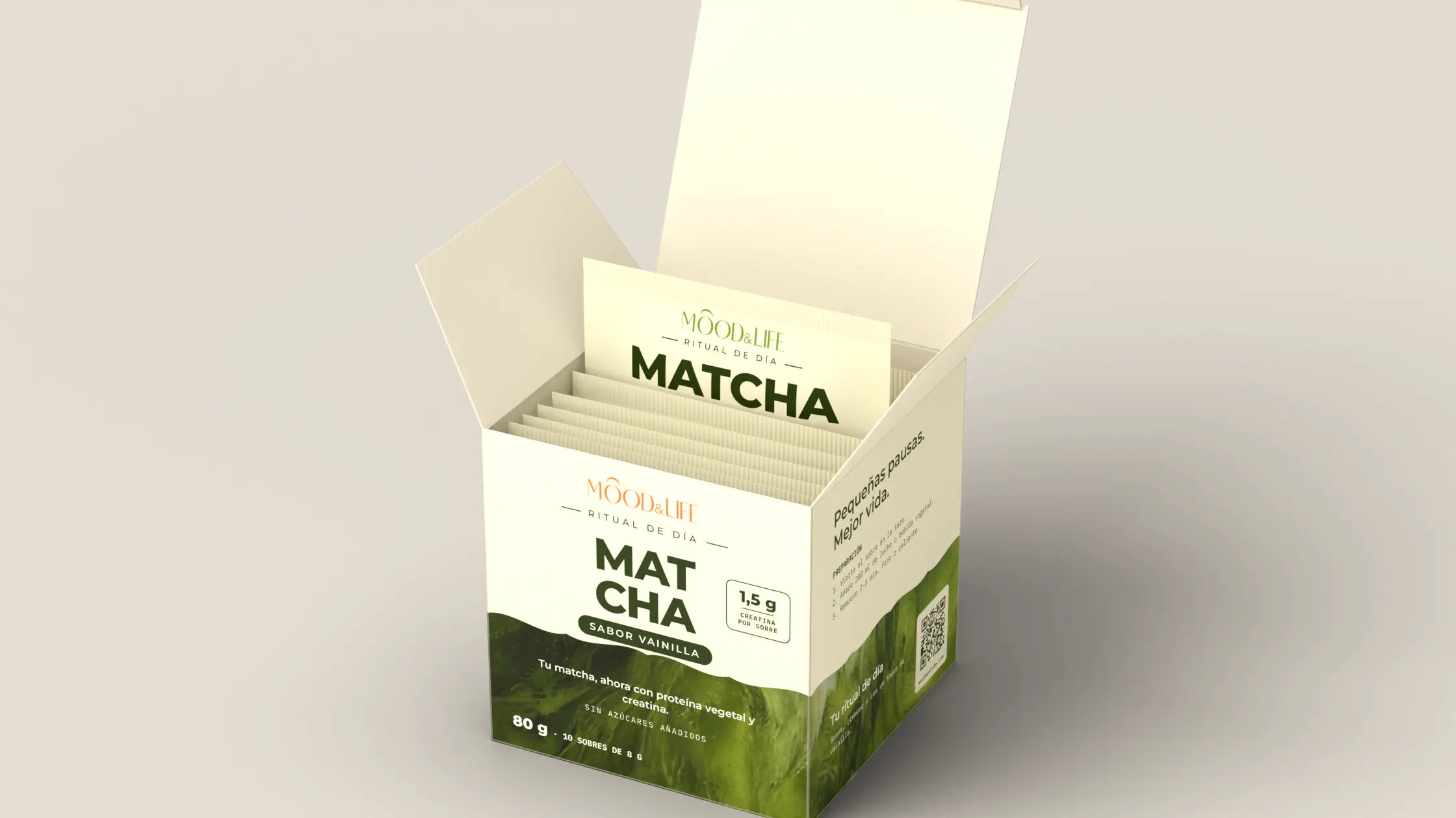 La caja de Matcha Ritual abierta, con un sobre individual saliendo de ella.